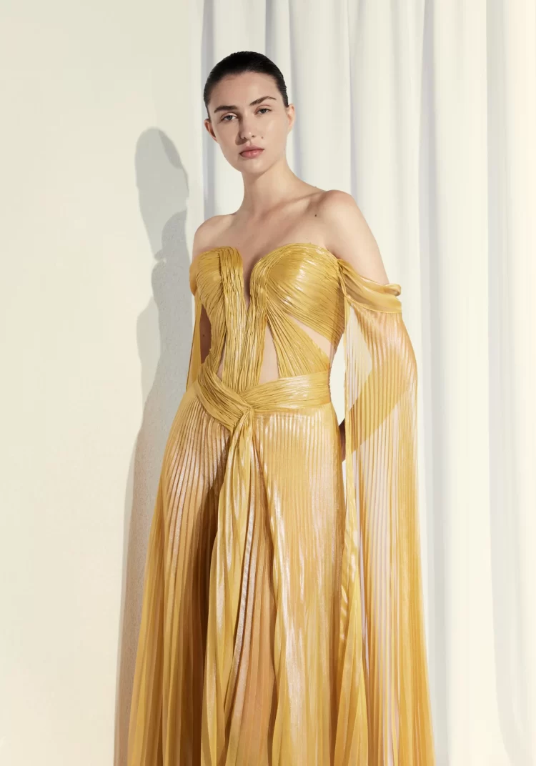 Yellow Sweetheart V-Cut Dress with Cape