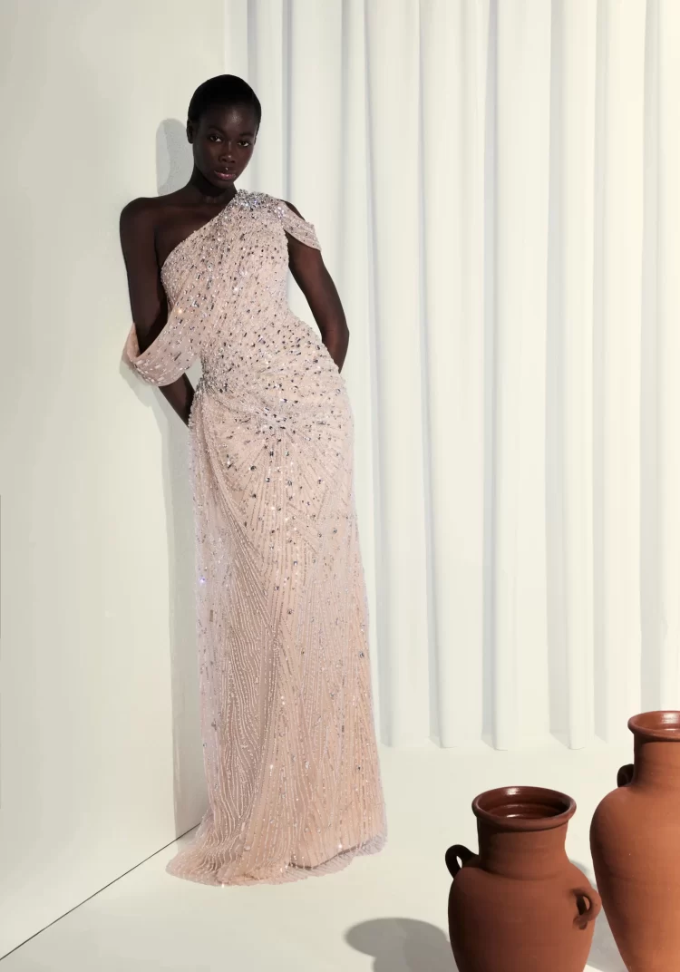 Nude Gold One-Shoulder Straight Dress