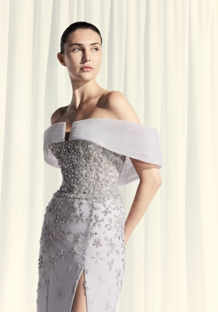 Gray V-Cut Off-Shoulder Straight Dress