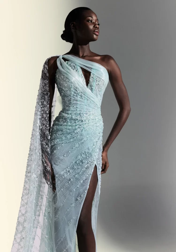 Aqua Blue One-Shoulder Mermaid Dress with Cape
