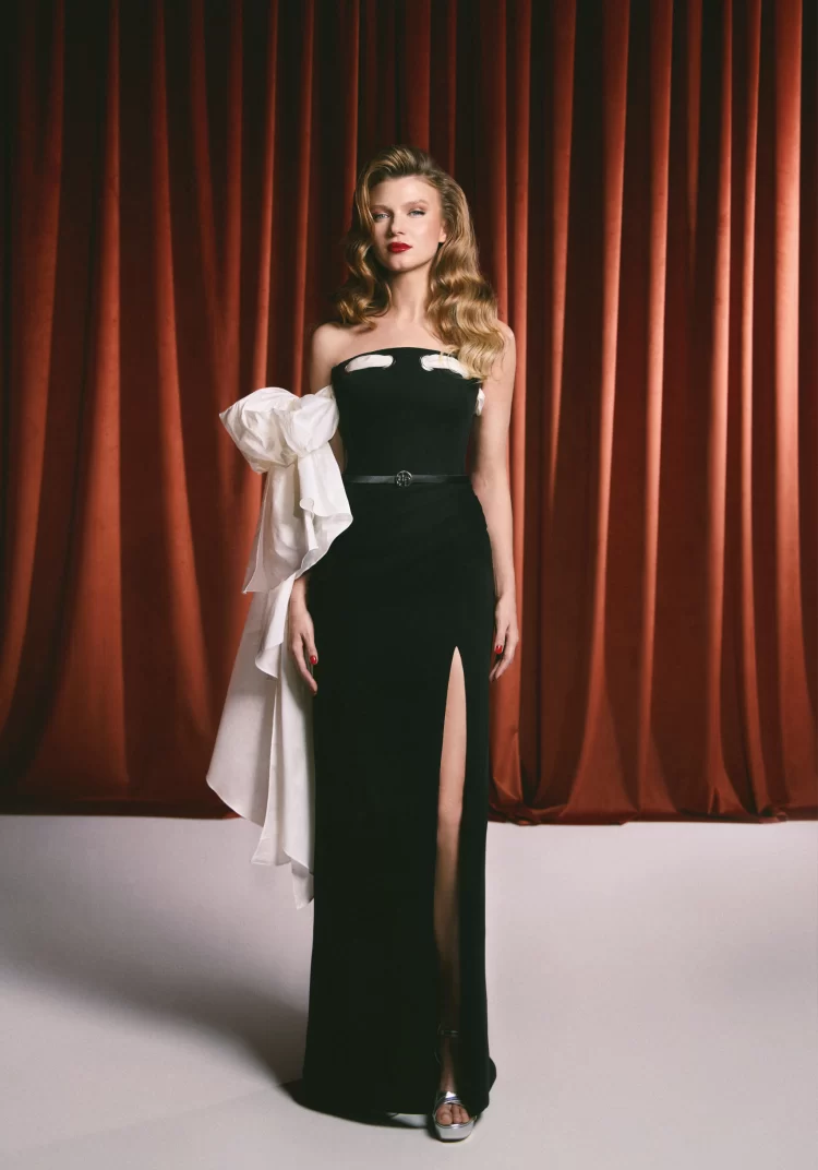 Black and White Draped Shoulder Dress