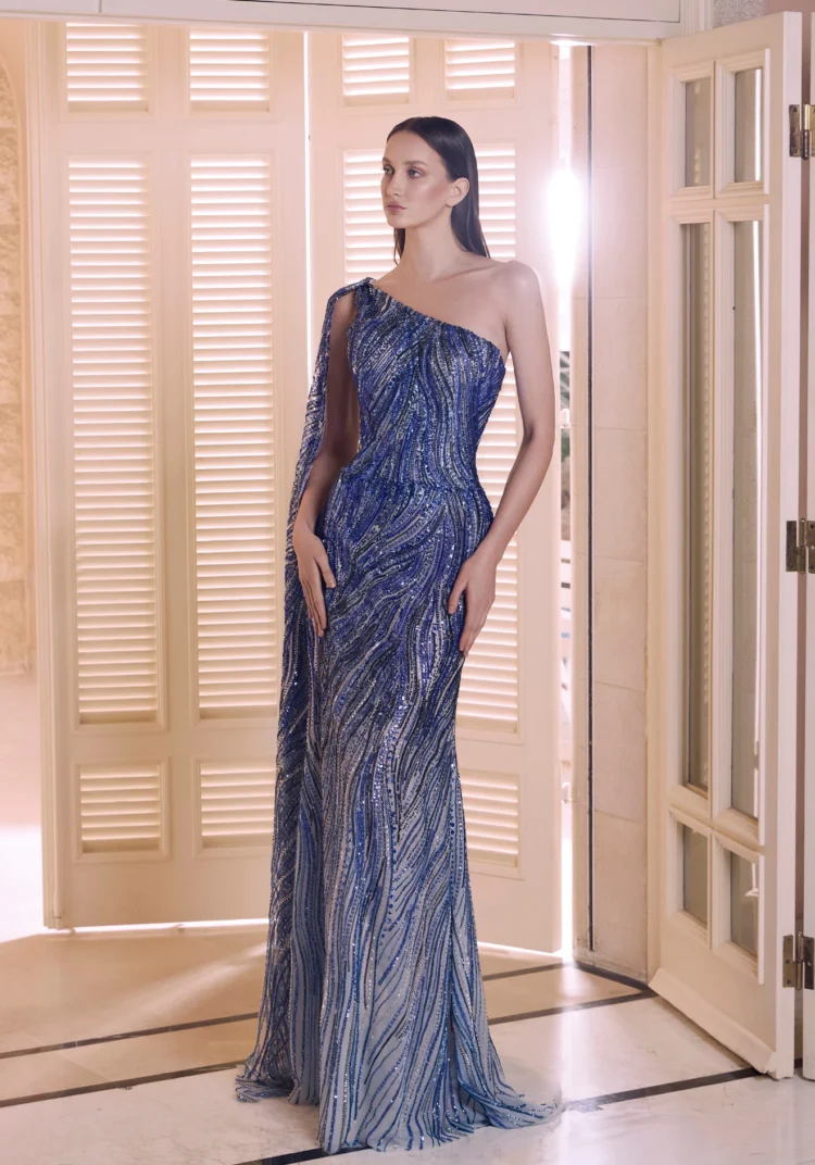 Royal Blue One-Shoulder Beaded Gown