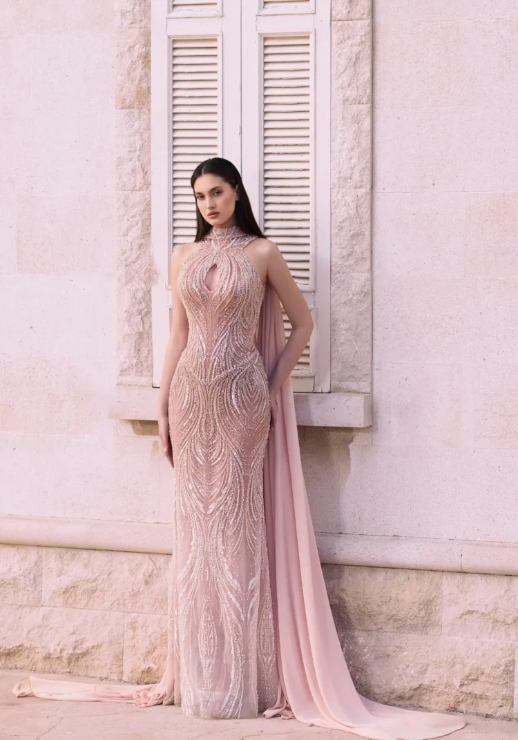 Nude Swirl Cape Gown