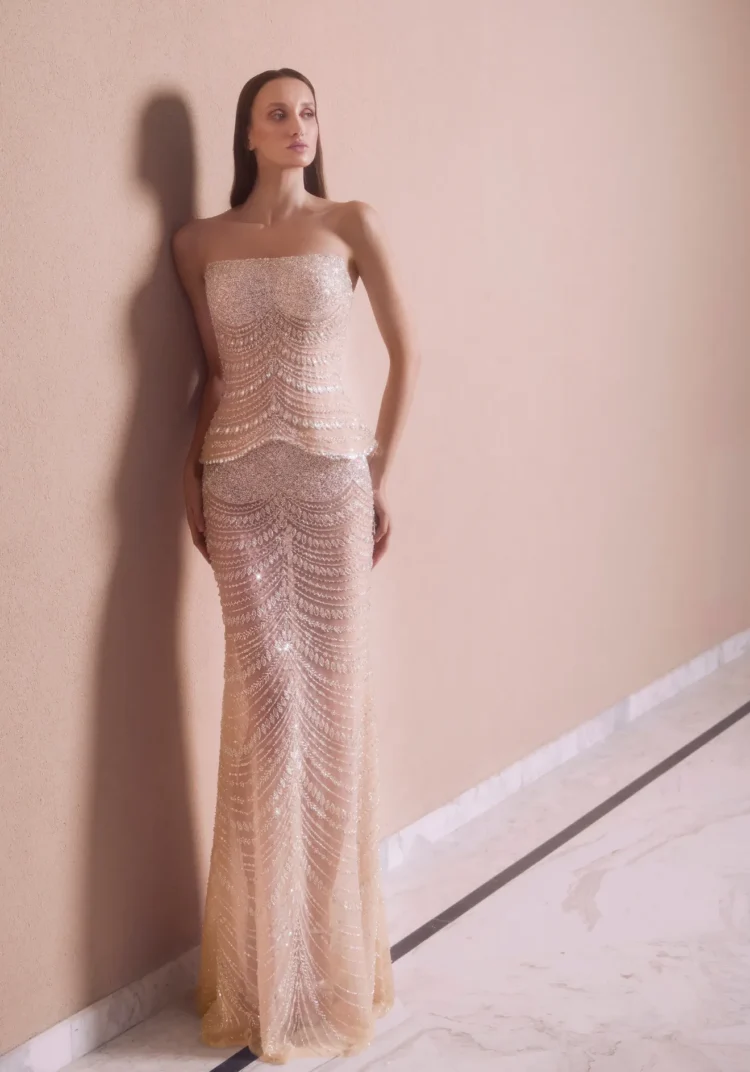 Nude Crystal Peplum Dress