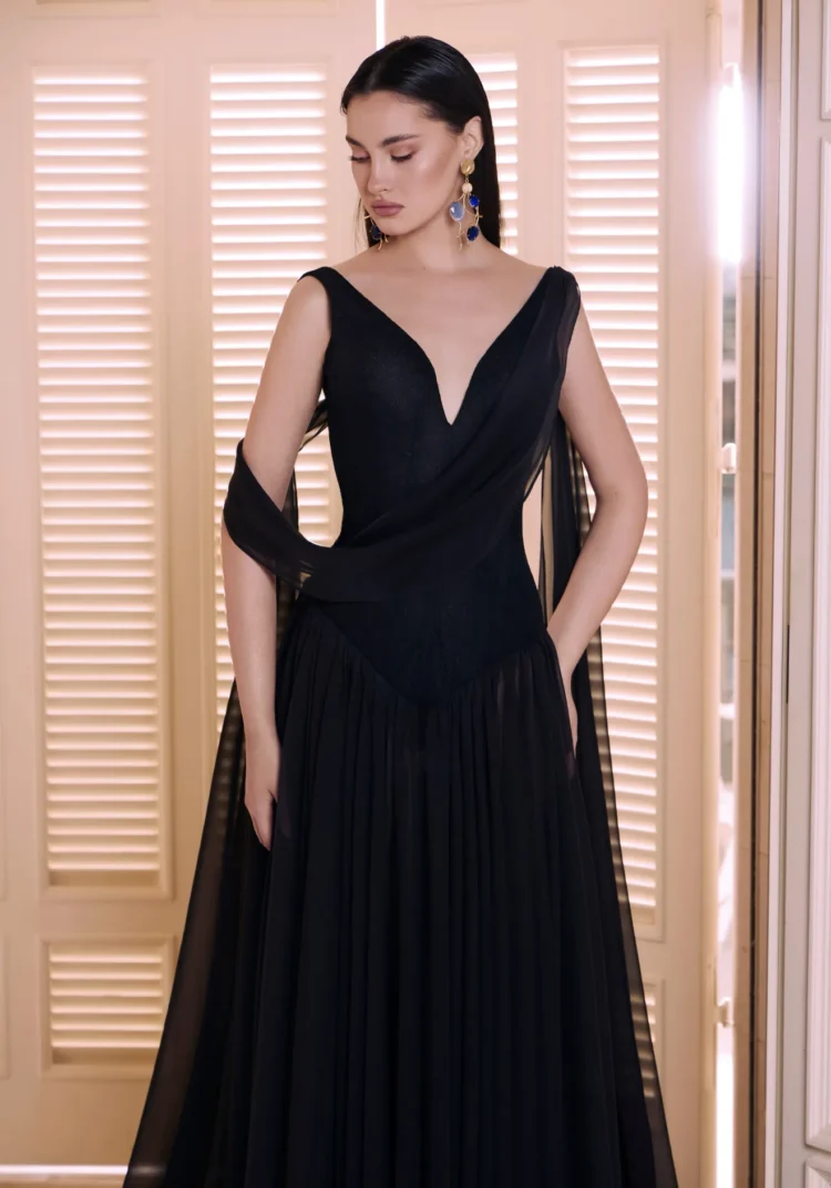 Black Draped Evening Gown