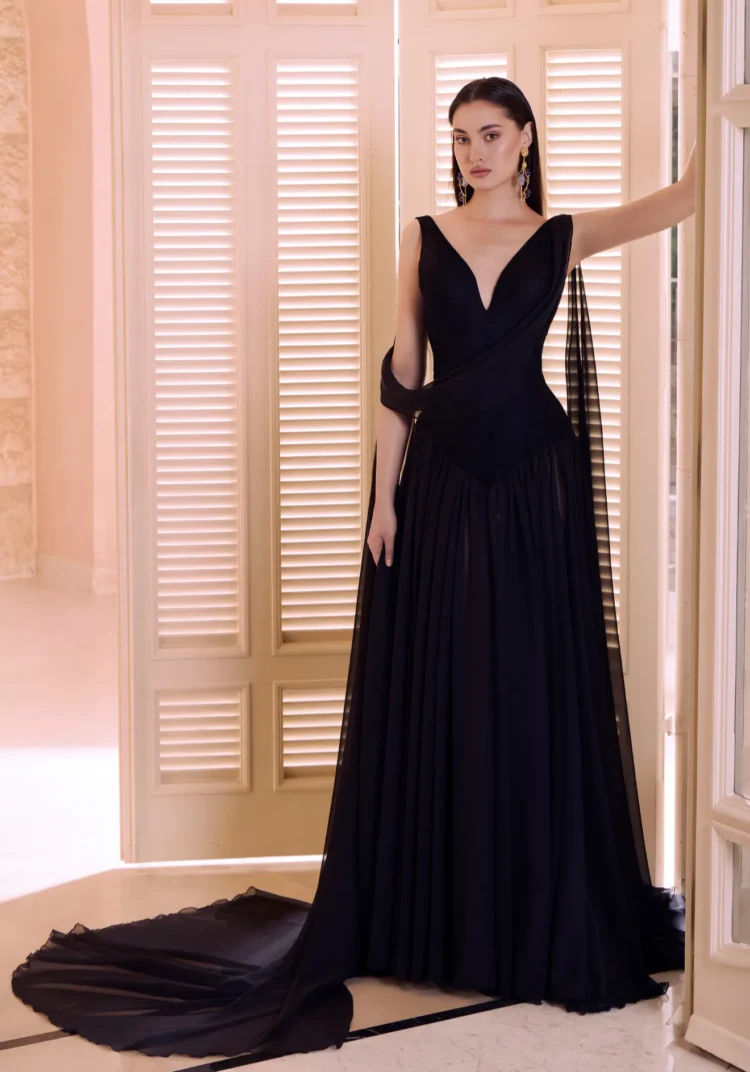Black Draped Evening Gown