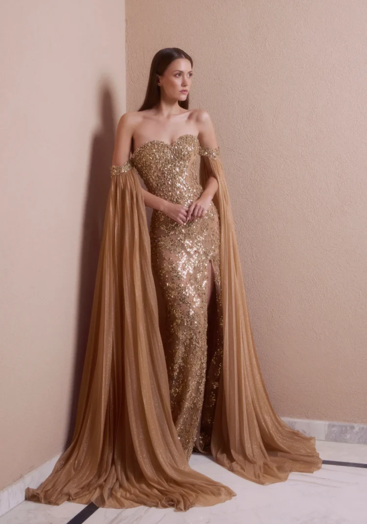 Gold Crystal Cape Gown
