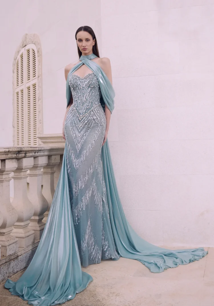Aqua Green Draped Crystal Gown