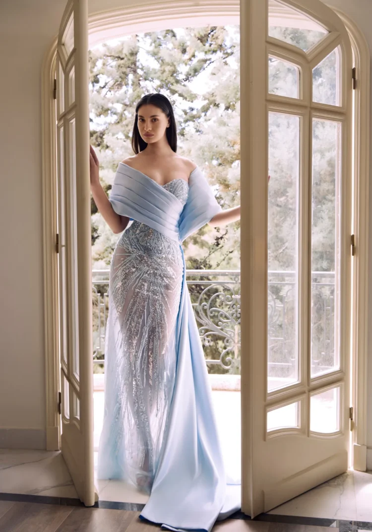 Powder Blue Draped Crystal Gown
